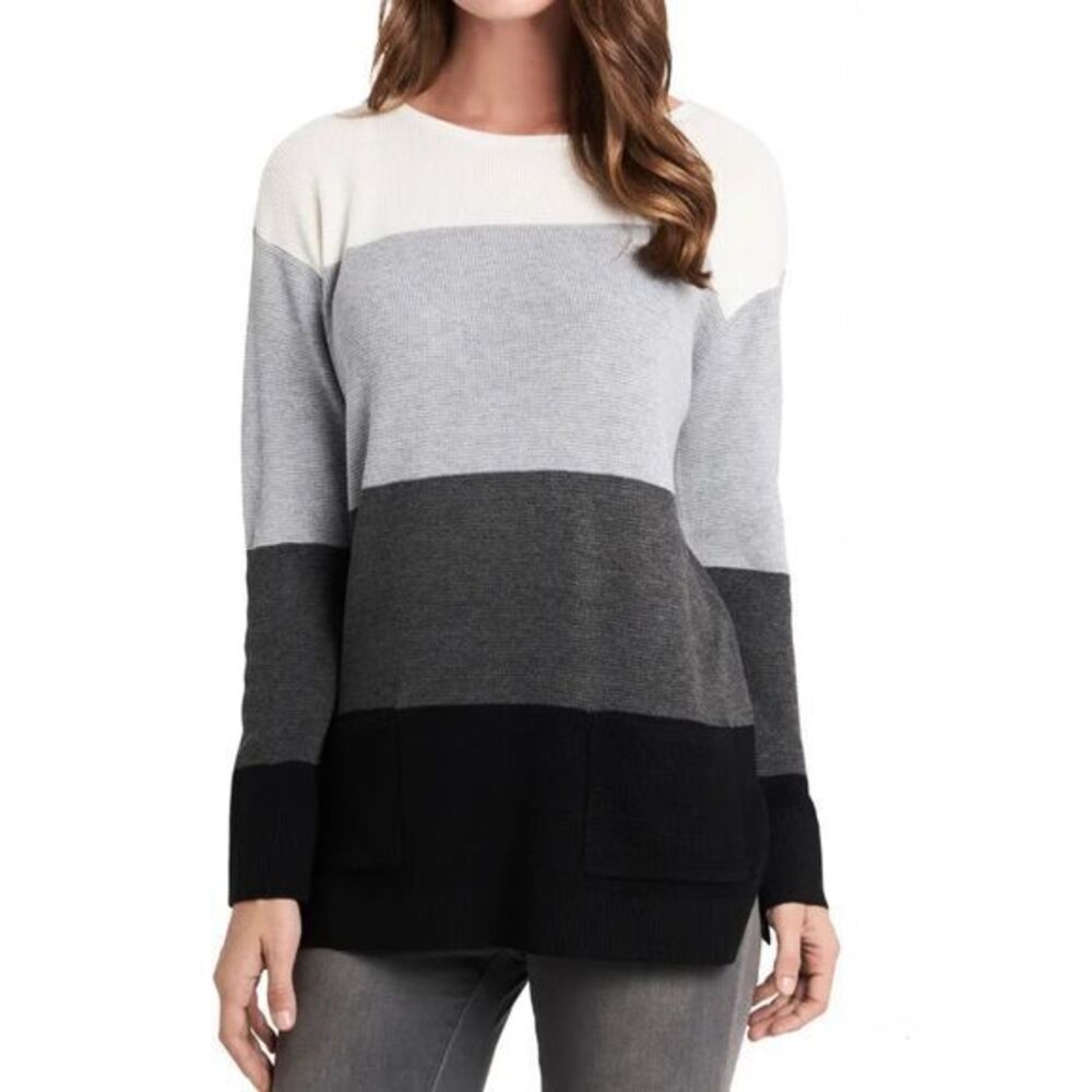 Vince Camuto Cream Gray Black Colorblock Long Sleeve Tunic Knit Sweater Size XL